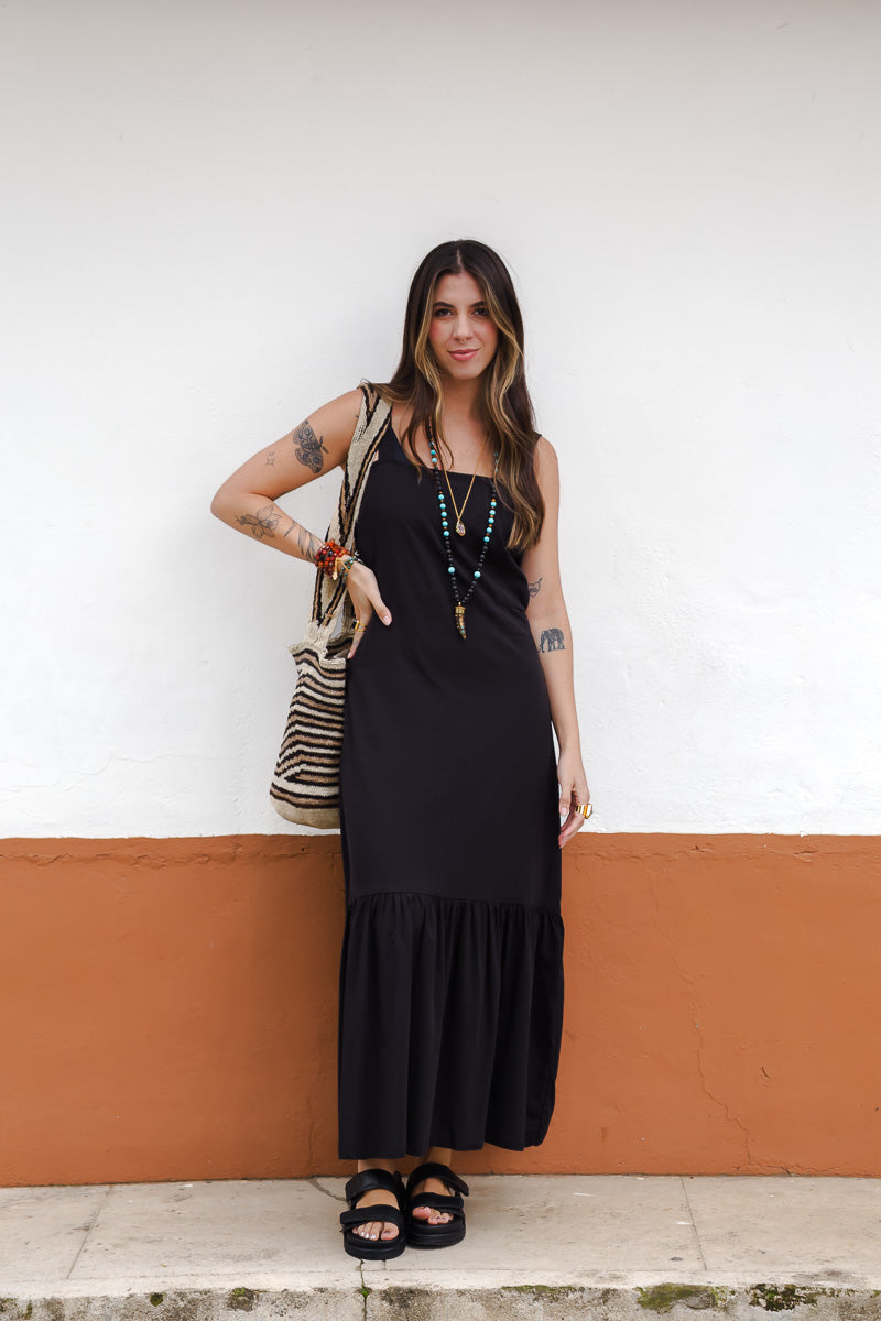 Vestido inspiración cuello recto con tiras y bolero - Negro