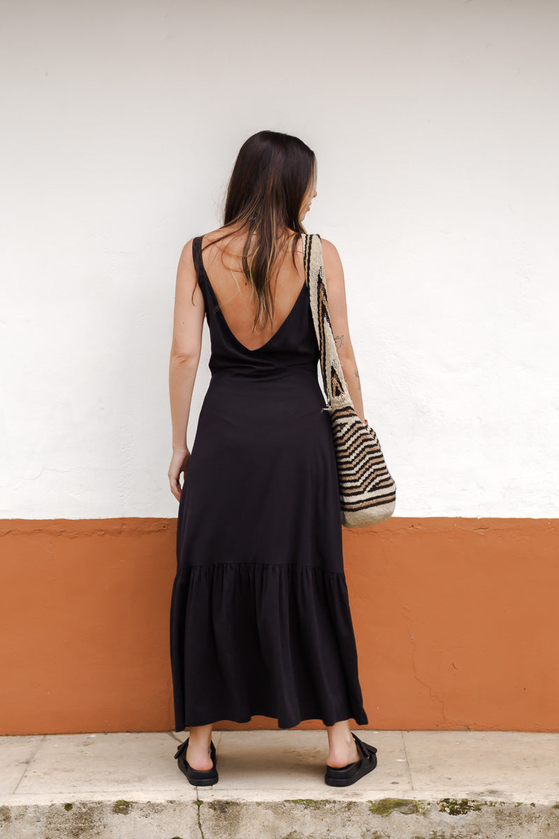 Vestido inspiración cuello recto con tiras y bolero - Negro
