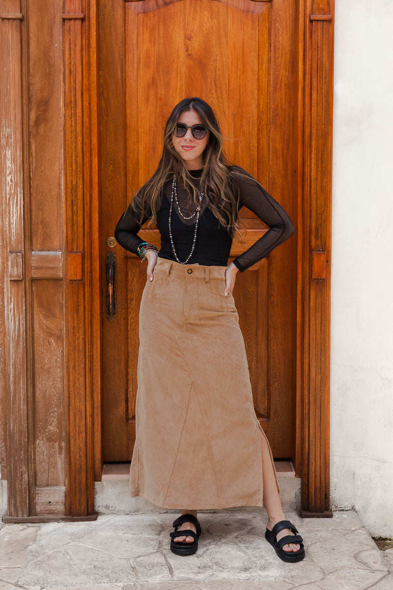 Falda Larga corduroy con bolsillos y abertura - Arena