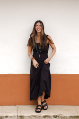 Vestido inspiración cuello recto con tiras y bolero - Negro
