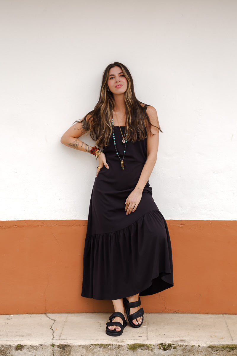 Vestido inspiración cuello recto con tiras y bolero - Negro