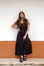 Vestido inspiración cuello recto con tiras y bolero - Negro