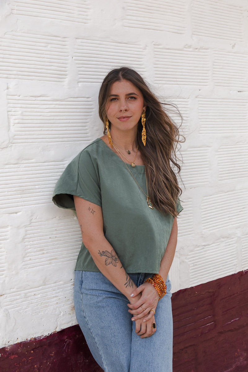 Blusa Amalia con mangas cuello redondo - Verde Oliva