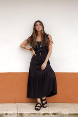 Vestido inspiración cuello recto con tiras y bolero - Negro