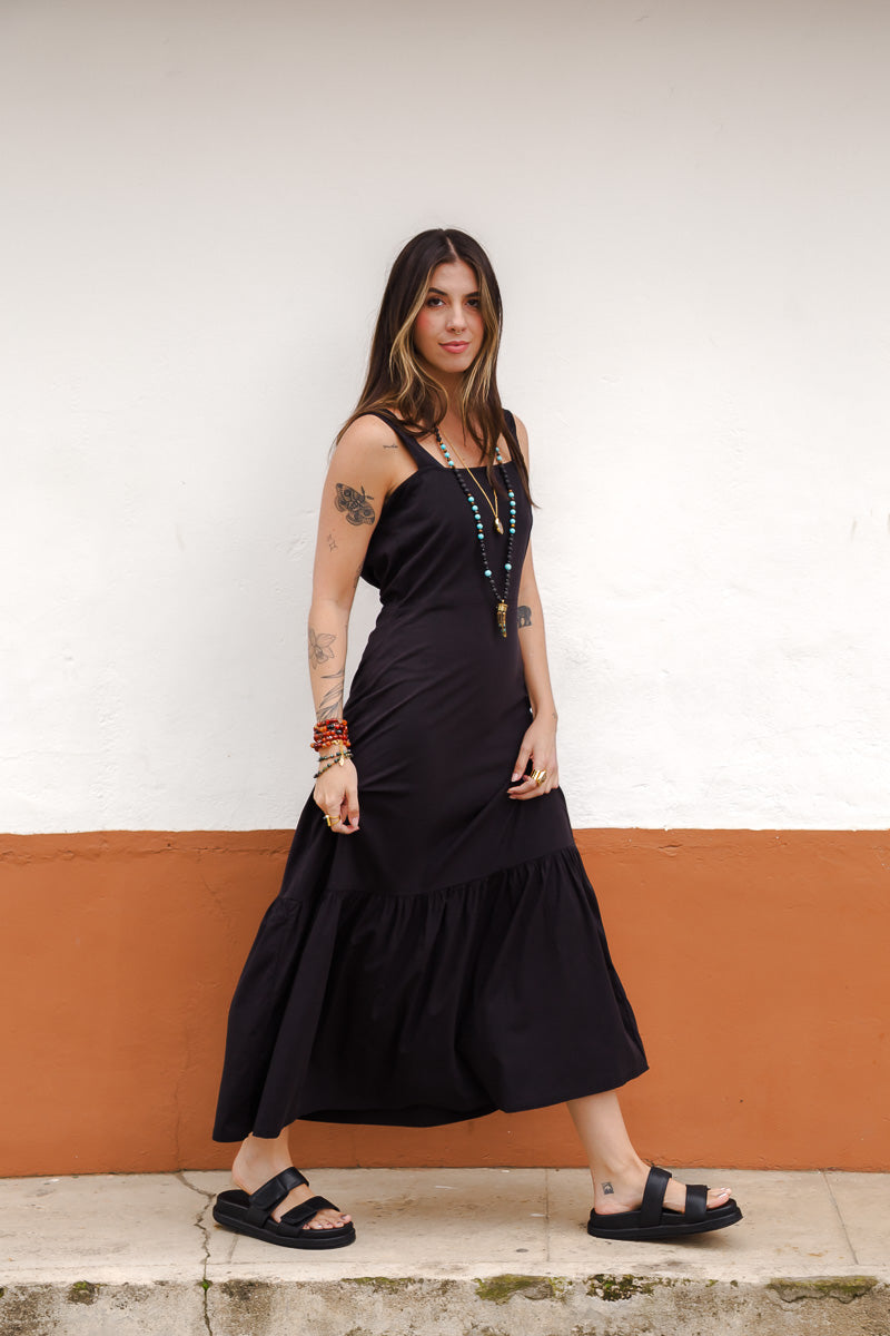 Vestido inspiración cuello recto con tiras y bolero - Negro