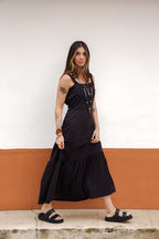 Vestido inspiración cuello recto con tiras y bolero - Negro