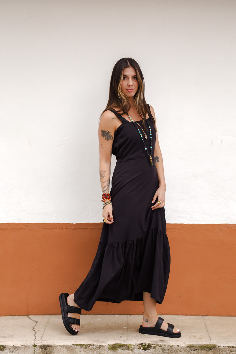 Vestido inspiración cuello recto con tiras y bolero - Negro
