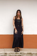 Vestido inspiración cuello recto con tiras y bolero - Negro