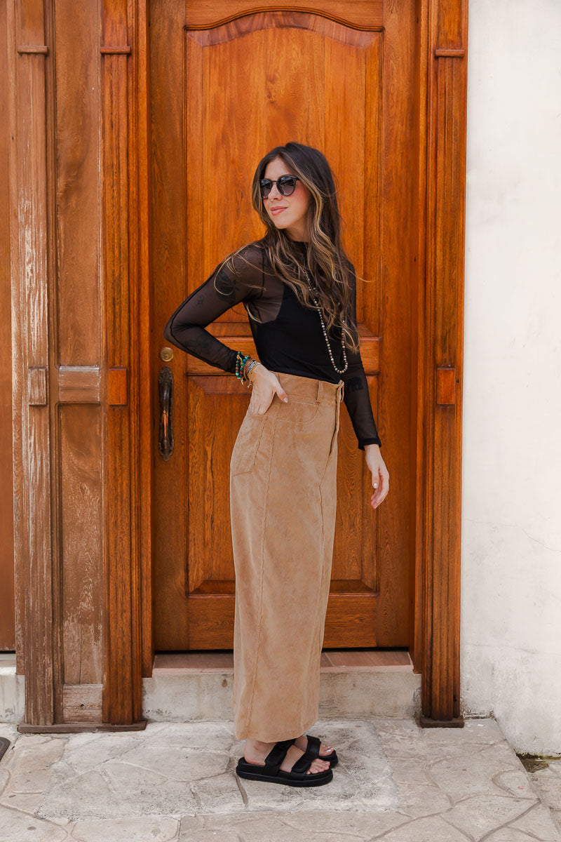 Falda Larga corduroy con bolsillos y abertura - Arena