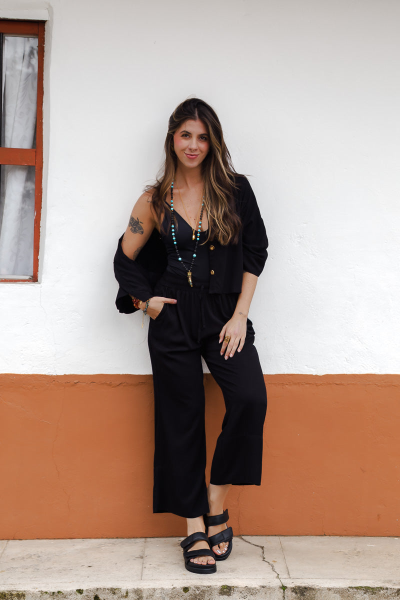 Pantalón Zhara pescador con bolsillos y cintura enresortada - Color Negro