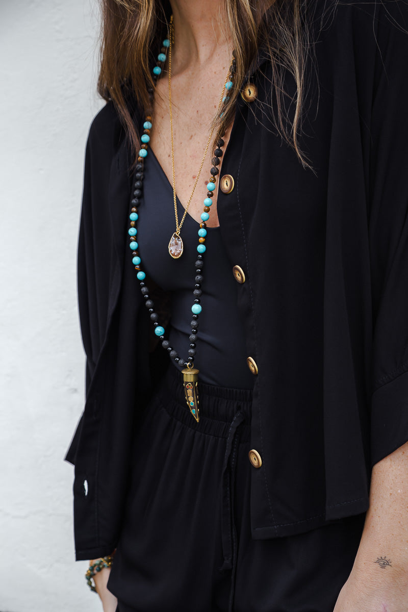 Blusa Boho manga 3/4 con botones - Negra