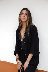Blusa Boho manga 3/4 con botones - Negra