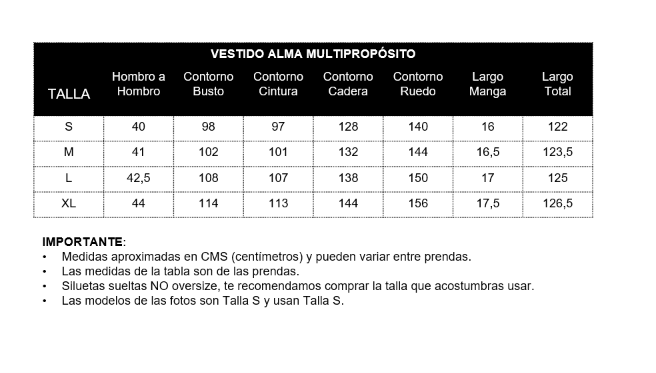 Guía de tallas - Vestido Alma multipropósito cuello en V o redondo - Avellana