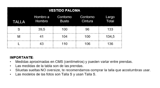 Guía de tallas - Vestido paloma manga larga con botones y cinturón  - Color Negro