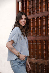 Blusa Amalia con mangas cuello redondo -  Azul Cielo print