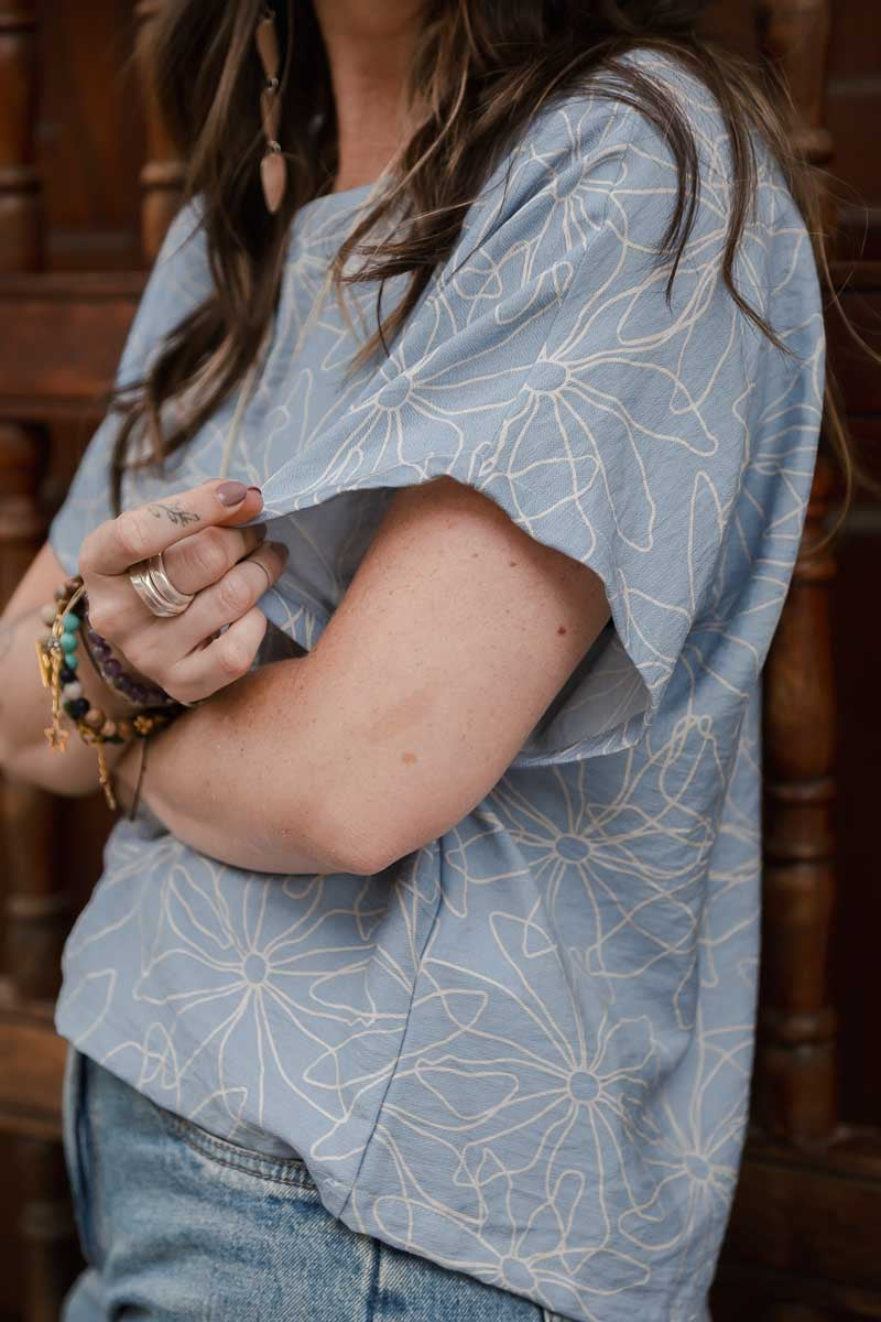 Blusa Amalia con mangas cuello redondo -  Azul Cielo print
