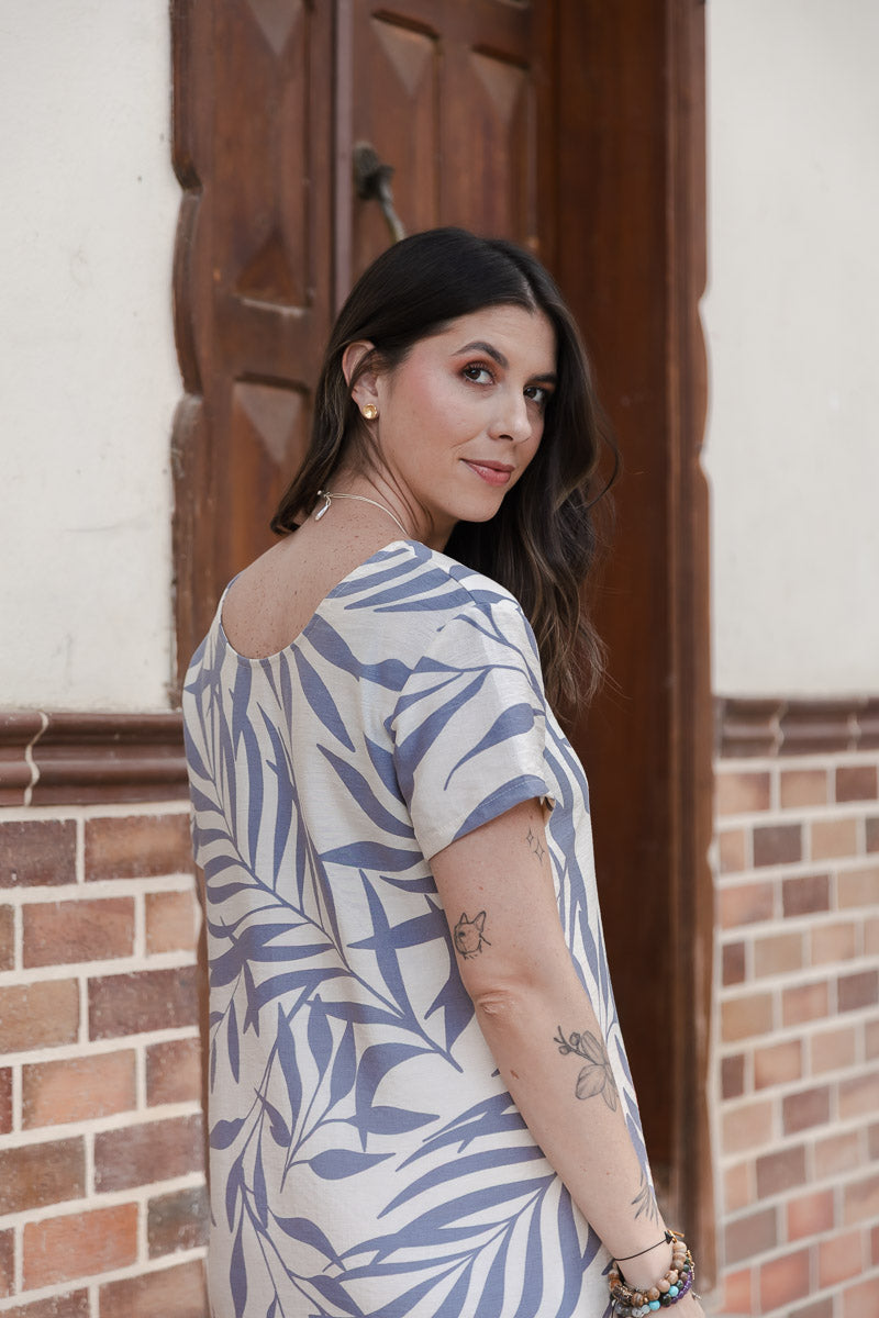 Vestido alma corto cuello en v o redondo - Hojas púrpura y beige