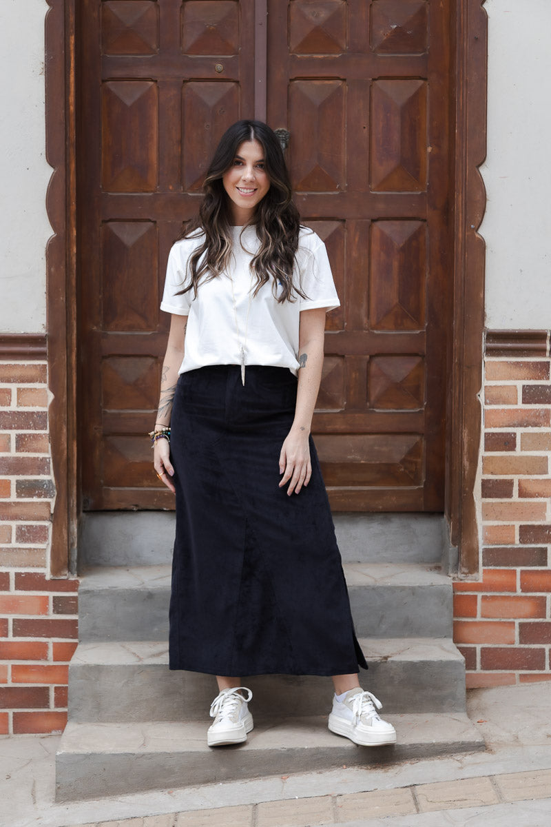 Falda Larga corduroy con bolsillos y abertura - Color Negro